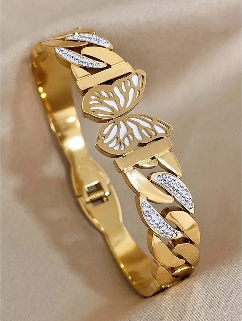 Gold Chain Link Butterfly White Enamel & CZ Bangle Cuff Bracelet